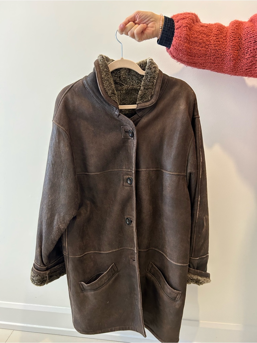Women's Brown Leather Shearling Coat with Cozy Lining